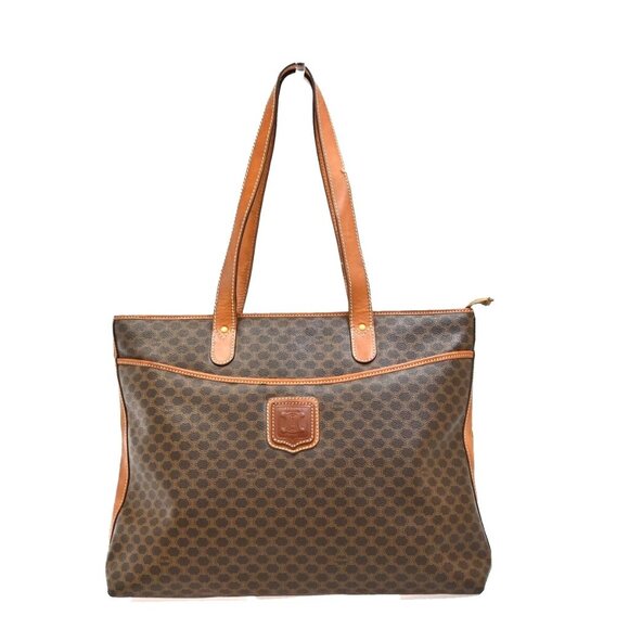 CELINE Macadam Pattern Shoulder Tote Bag PVC Leather Brown Gold Italy 02EE833 - Picture 1 of 16